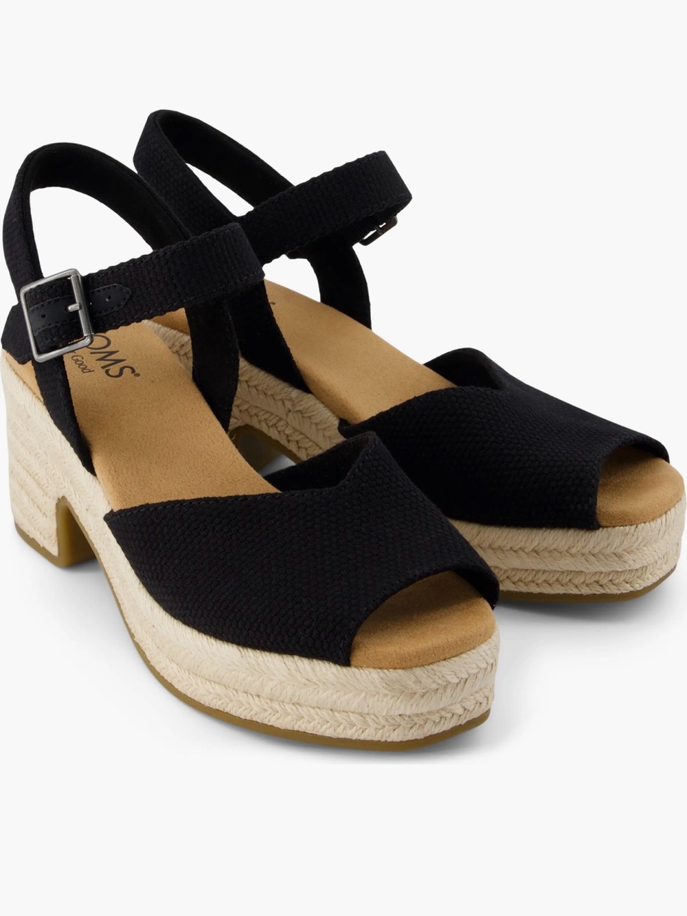 NWT NIB Tom’s Isla Peep Toe Heeled Sandals Black Platform Shoes Low Heel Wedges